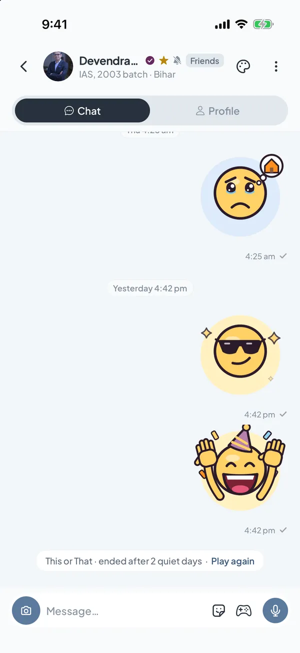 Officer Saathi app: a one-to-one chat with a demo profile, Devendra Pathak, an IAS officer of the 2003 batch, with stickers, a This or That game line in the thread, and the message bar with photo, sticker, games and voice-note buttons.