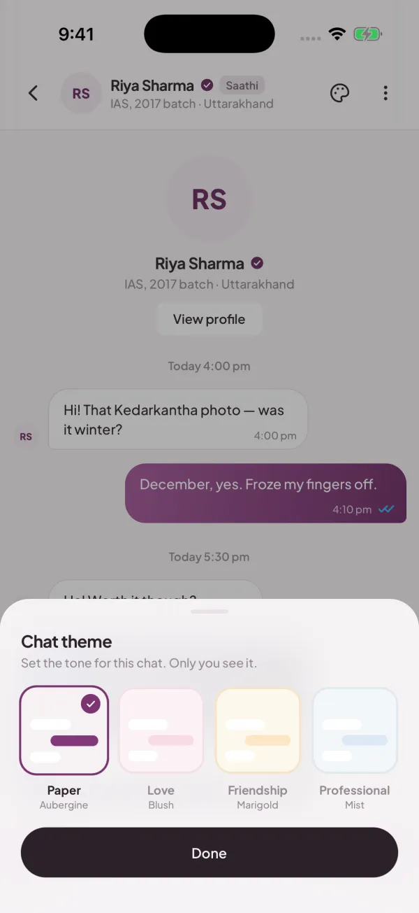 Officer Saathi app: the Chat theme sheet over a sample chat with Riya Sharma, offering Paper, Love, Friendship and Professional themes, each seen only by you.