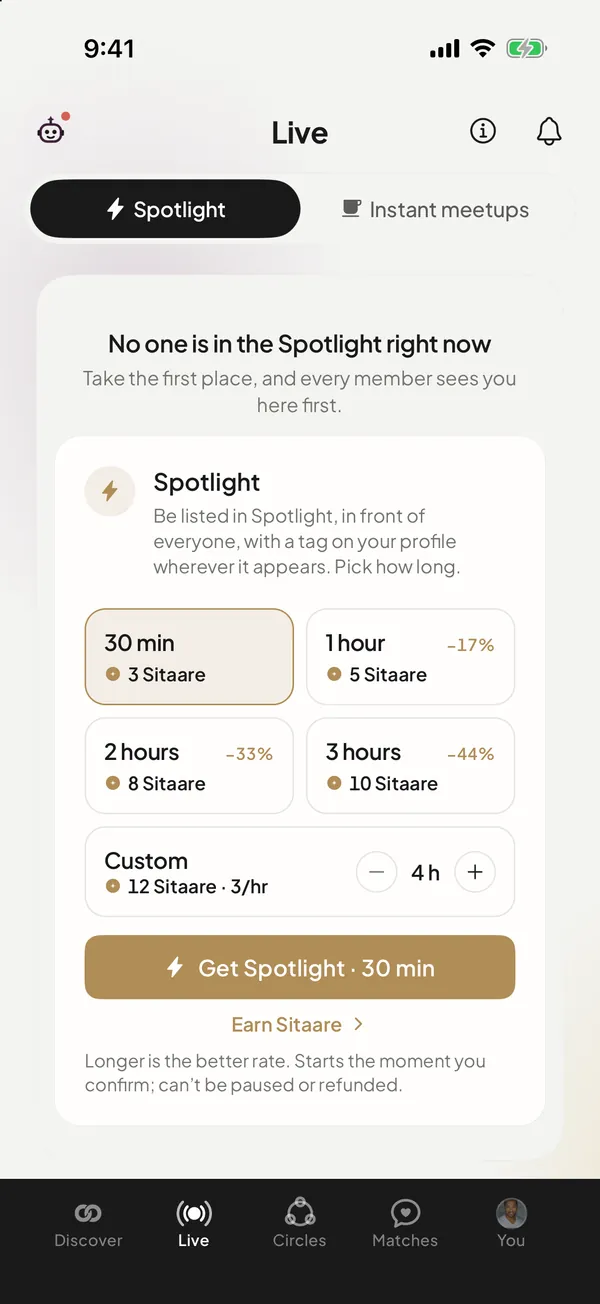 Officer Saathi app: Spotlight on the Live tab, with no one in the Spotlight yet and options from 30 minutes for 3 Sitaare to 3 hours for 10 Sitaare, or a custom length.